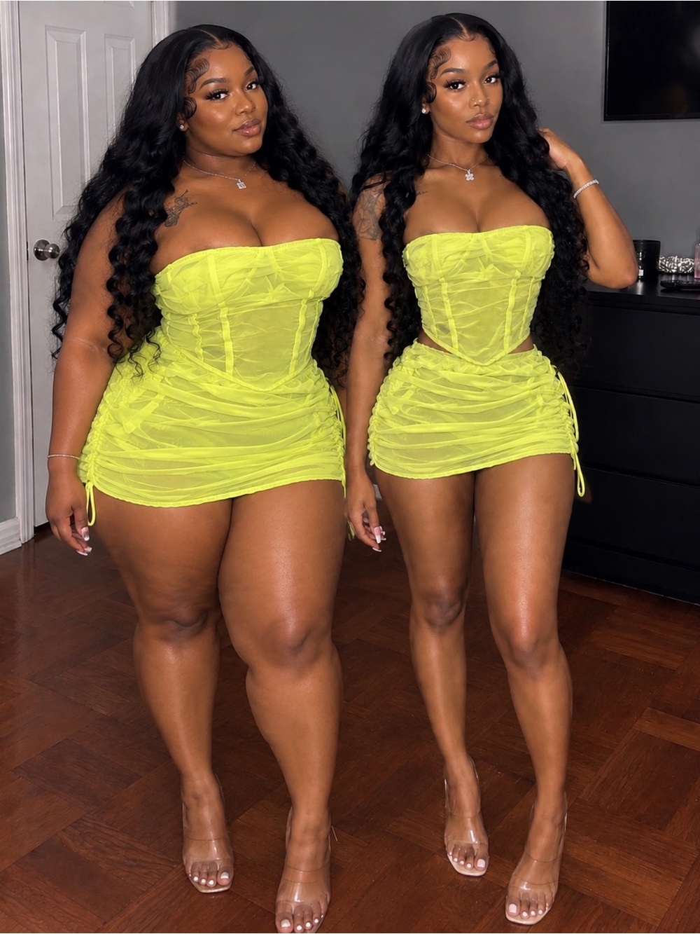 Strapless Ruched Mini Dress in Neon Lime